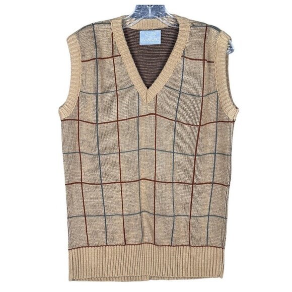 Vintage Le Tigre Sweater Vest MED Tan Plaid Knit Preppy Retro Preppy Academia - Picture 2 of 5